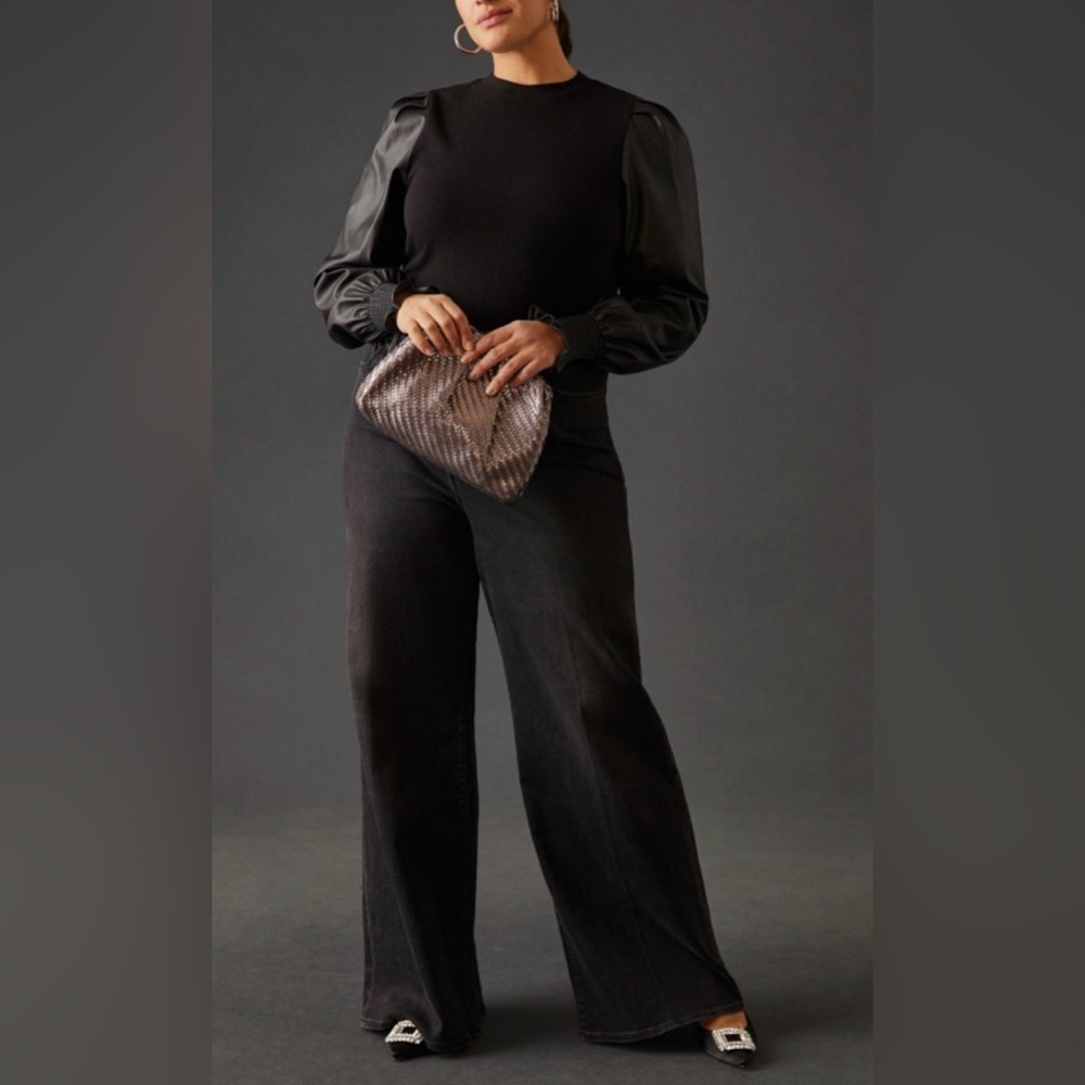 Dolan Anthropologie Mixed Media Puff Sleeve Top in Black Leather Sleeve Small